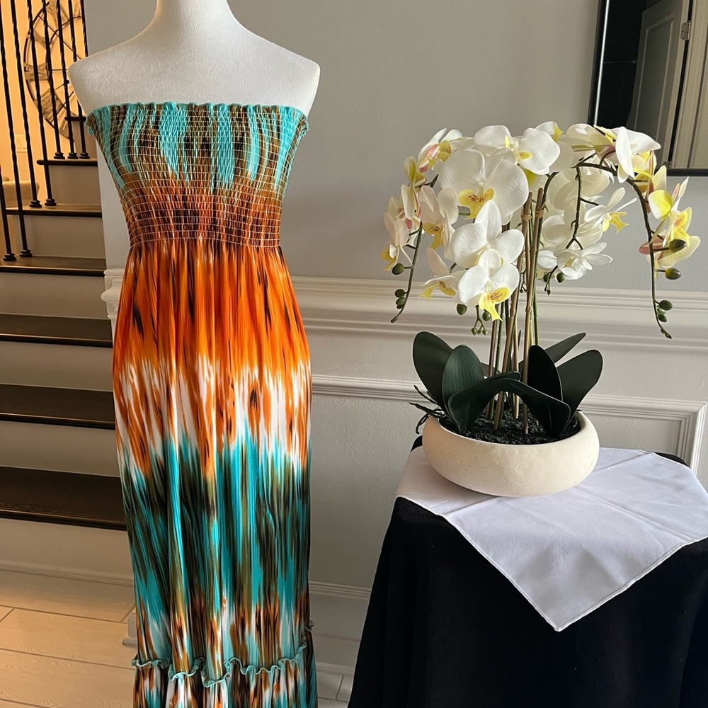 Steve Madden Orange and Teal Strapless Maxi Dress